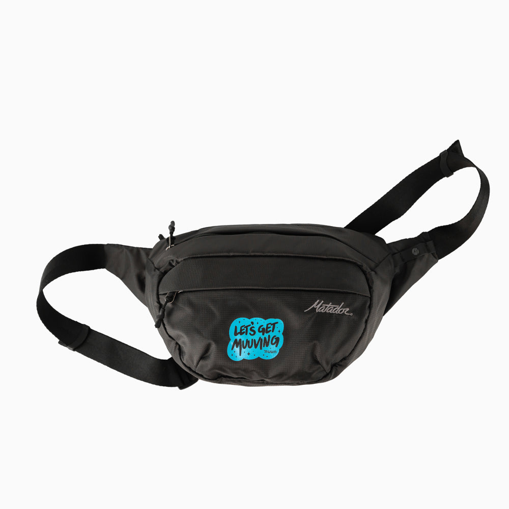 On-Grid Hip Pack with blue "Let's Get Muuving" logo on light gray background